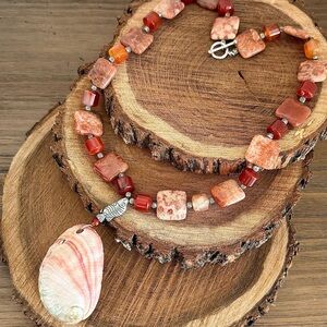Coral and Jasper with Abalone Seashell Accent  Necklace